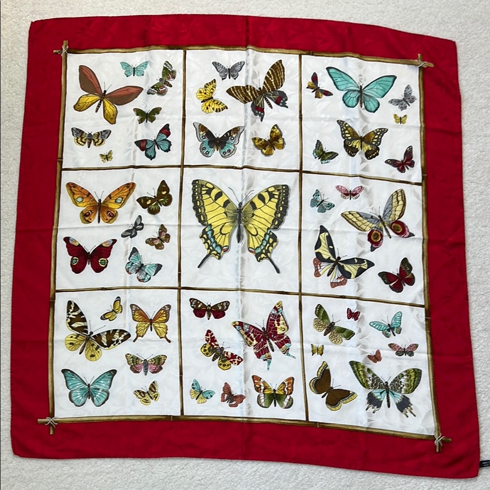 Butterfly Print Silk Scarf - Red and White 33.5” Square